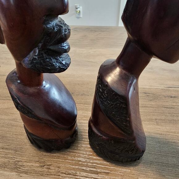 Vintage African Couple Carved Bust Wood Art Statues Handcrafted Tribal 10" - Picture 6 of 16
